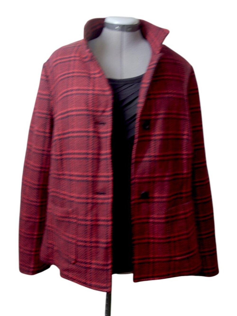 Talbots Woman 16W Red Black Houndstooth Wool Blend Convertible Collar Blazer - Picture 9 of 16